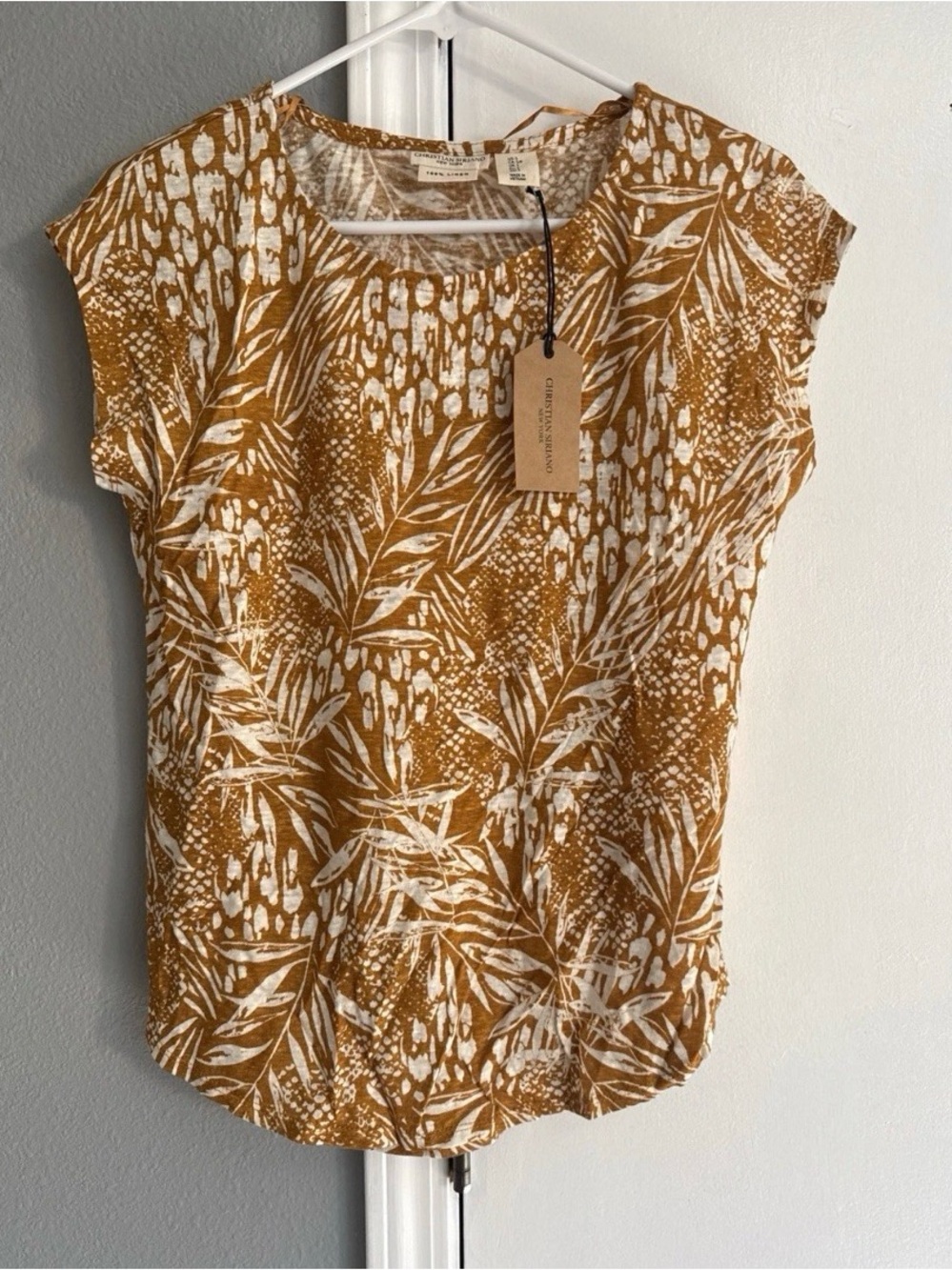 CHRISTIAN SIRIANO 100% Linen NWT Cap Sleeve Gold Floral Blouse Size Small
